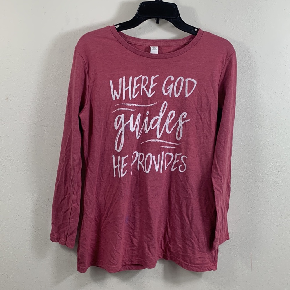 Where God Guides he Provides Long Sleeve Shirt Womens Size L Red White Air Waves